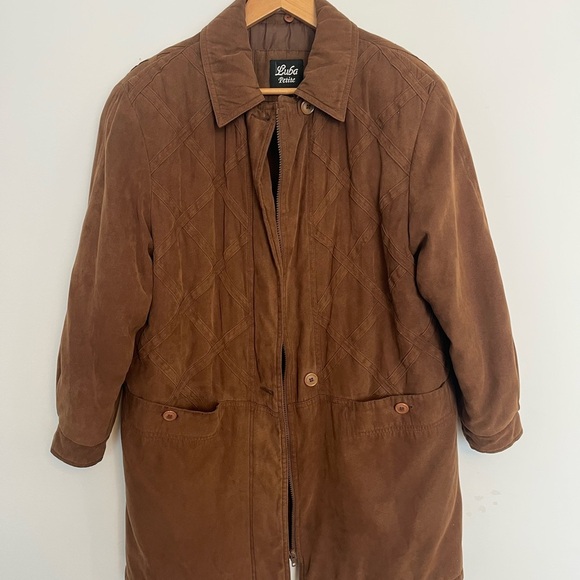 Vintage Brown Faux Suede Quilted Coat 90s Oversized Jacket Size 10 - Picture 2 of 6